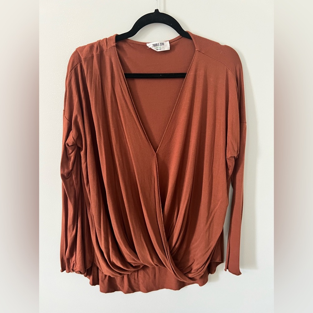 Double Zero Burnt Orange Draped Wrap-Front Long Sleeve Top
